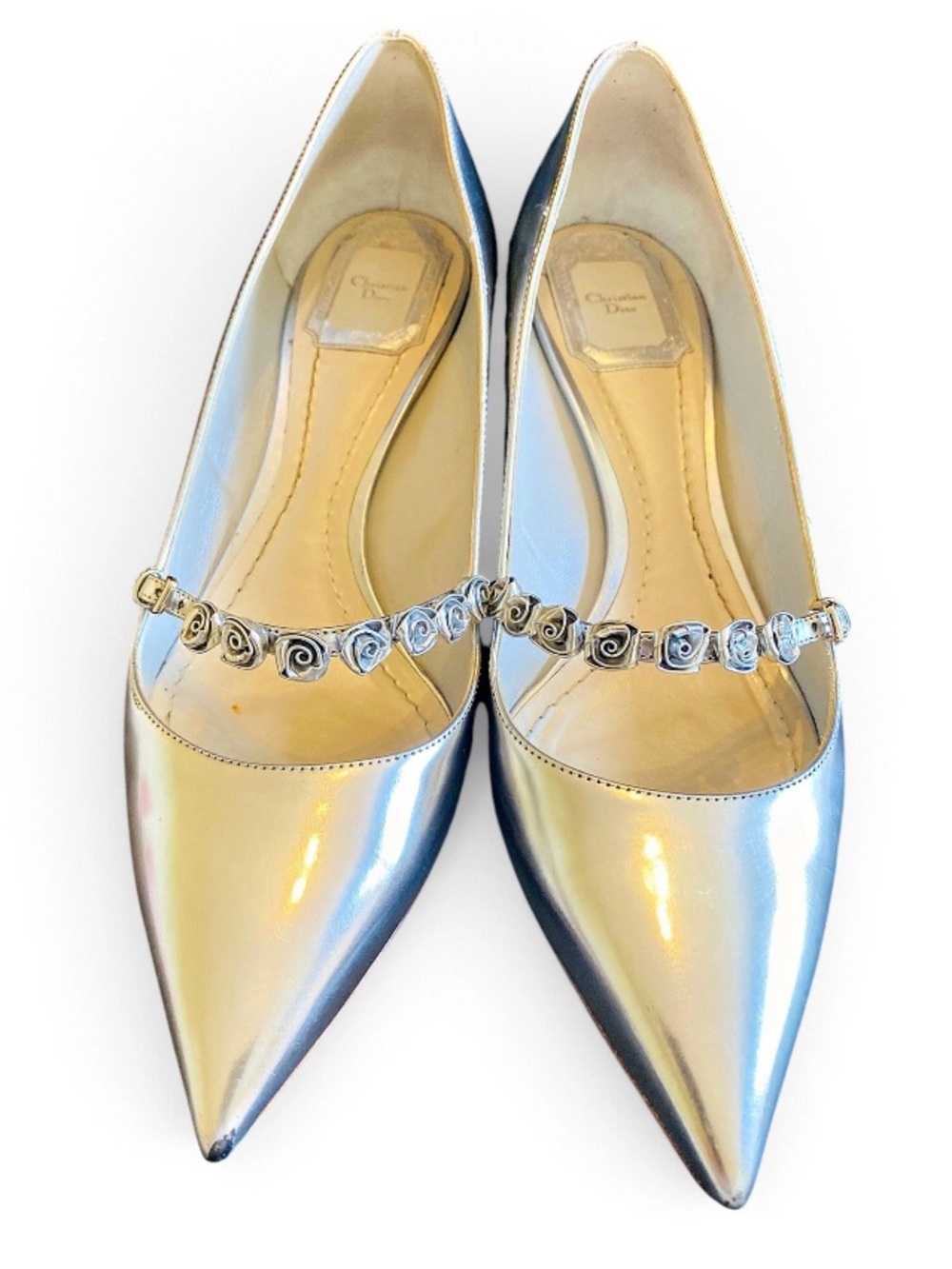 🛍️Dior Authentic Silver Metallic Rose Embellished Heels